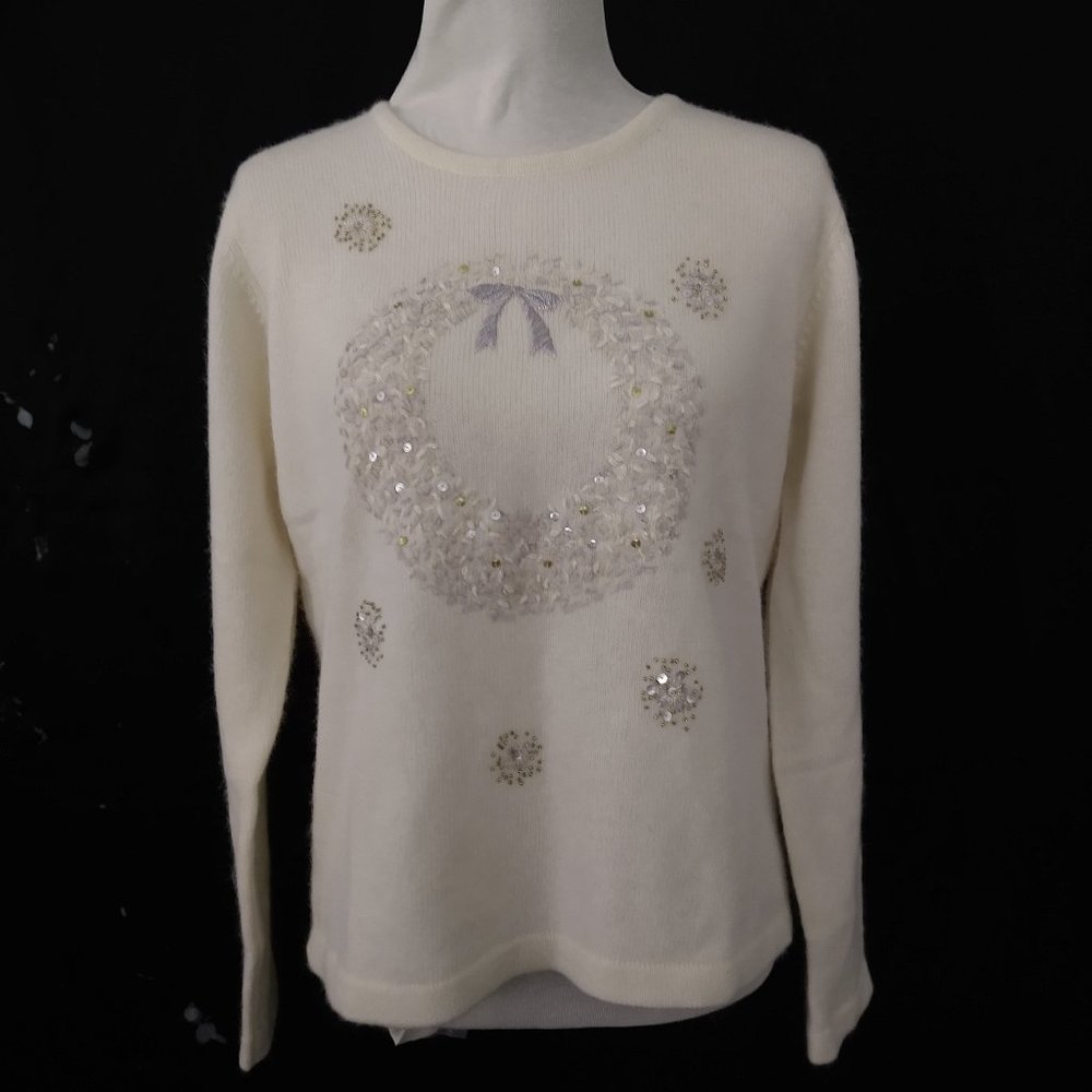 ORVIS Ivory/Creme Holiday Sweater Lambswool Angora Rabbit Hair Sequin Em…